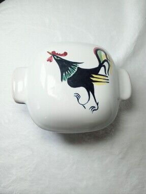 Mid Century Modern Glidden Ceramic Pottery Casserole Bowl w/  Lid Black Rooster